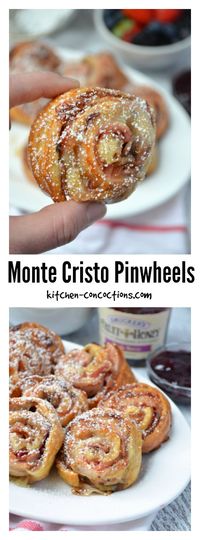 Monte Cristo Pinwheels - Inspired by a popular sandwich, these baked Monte Cristo Pinwheels, are sweet and savory and will definitely be your go to appetizer recipe all holiday season long! {ad} #EasyHolidayEats