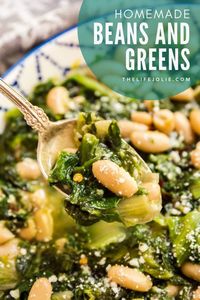 Beans and Greens is a classic Italian recipe that's as delicious and healthy as it is comforting. Made with escarole, cannellini beans, chicken broth, garlic, crushed red pepper flakes and Romano cheese, you'll want to make this easy regional specialty again and again!