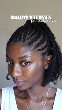 Boho Twist Natural Hair Protective Style Idea ✨   I sat the boho braids trend out but some boho twists? I can do that 🤝🏾.  I started off by braiding my hair down a little to have it be tighter at the roots then I turned it into a twist and I pulled hair out from each twist 2-3 times.   Products Used   • Camille Rose Almond Jai Twisting Butter (used on the flat twists and two strand twists in the back)  • MADAM Humidity Shield Styling Gel (used to define the pieces I pulled out in the back)  • Ampro Gel shine n jam conditioning gel extra hold (used on my parts for my flat twists)