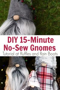 Learn how to make a gnome the easiest way using this no sew cone gnome tutorial. I've made it simple, fast, and most of all fun to make a family of coordinating Christmas gnomes for your home or for others. #gnome #christmasgnome #gnometutorial #rufflesandrainboots