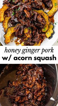 In this Honey Ginger Pork with Acorn Squash recipe, slow-cooked honey ginger pulled pork is topped on tender pieces of winter squash. It’s a fancy fall dish that doubles as a healthy comfort food!