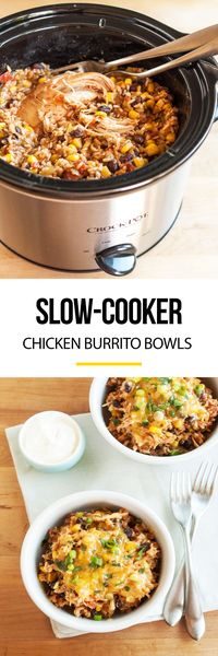 Slow-Cooker Chicken Burrito Bowls Recipe. This EASY crockpot chicken dinner is soon to be one of your favorite meals! I don't know anyone who doesn't like Mexican food, and this simple rice bowl is a party in your crock pot!