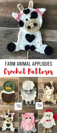 so many things you could put these farm animal crochet appliques on --blankets, hats, scarves...adorable crochet patterns #crochetanimals #crochetfarmanimals #crochetappliquepatterns #crochetpatterns #crochet #affiliate by joanne