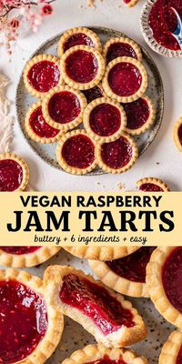 Vegan jam tarts with a buttery shortcrust pastry filled with an easy homemade (or store-bought) raspberry jam. These classic tarts are made with only a few common and can be made in less than 1 hour.