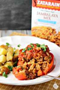 Easy Jambalaya Stuffed Peppers | by Renee's Kitchen Adventures - easy recipe for stuffed peppers filled with delicious sausage jambalaya and perfect for Mardi Gras! #SundaySupper @Zatarains