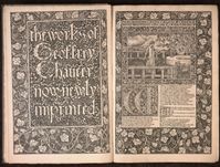 william morris (design) & edward burne-jones (illustrations) (london: kelmscott press, 1896) | during the last years of his life william morris was often occupied with the ambitious kelmscott press edition of the complete works of geoffrey chaucer | the project involved printing a new edition with decorated borders and initials, a newly designed typeface and 87 woodcut illustrations by edward burne-jones | the book took over four years to complete | william morris gallery, london