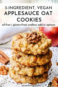 3-Ingredient vegan applesauce oat cookies are oil-free, gluten-free & endlessly variable! Enjoy them for breakfast, snack-time, or dessert. #applesauce #wfpb #wfpbno #oilfreecookies #3ingredients #oats #3ingredientrecipe #3ingredientcookies #wfpbnobaking #oilfreevegan #plantbased #cleaneating #cleaneats #applesaucecookies #oatcookies #wfpbnorecipe #wfpbbaking #wfpbnocookies #wfpbfamily #wfpbrecipes #breakfastcookie #toddlercookie