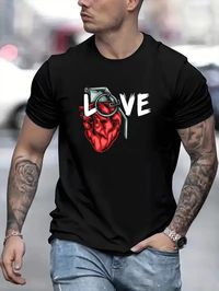 Men's Love Pattern Short Sleeve T-shirt, Comfortable Elastic Fashion Summer T-shirt, Casual Daily Style Fashion Clothing