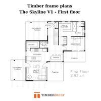 Higher definition images of this floor plan & completed pictures of the house are on our website. The Skyline is a modern timber frame design with a tall roofline and large windows. This 1,192 square foot house has a single bedroom on the first floor and four separate porches. Please check our website and our Pinterest page for more timber frame floor plans.