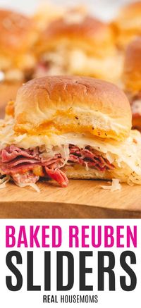 Baked Reuben Sliders are crazy easy to make and perfect for St. Patrick's Day! You could make some for game day too. They fly off the plate!! #RealHousemoms #reuben #reubensandwich #sliders #cornedbeef #sauerkraut #1000island #swisscheese #stpatricksday #gameday