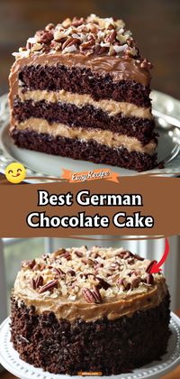 Indulge in the richness of this decadent German chocolate cake, layered with coconut-pecan frosting that makes it the best you've ever had. #ChocolateLovers #GermanCake #BakeFromScratch