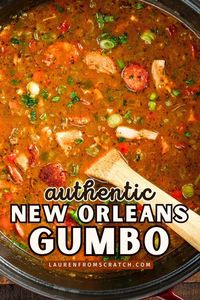 Make rich and flavorful Louisiana gumbo with this authentic Cajun recipe. It uses a dark roux, the holy trinity, and a perfect blend of spices to create a dish that’s full of depth and the flavor of New Orleans. Perfect for anyone looking to enjoy a true taste of Cajun cuisine. Find more authentic Louisiana recipes at LaurenFromScratch.com!