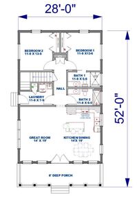 Cottage Plan: 960 Square Feet, 2 Bedrooms, 1 Bathroom - 041-00279