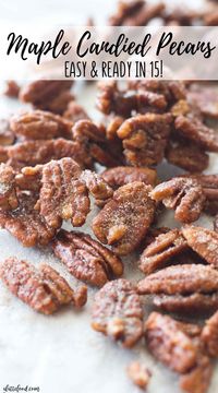 These easy maple candied pecans are made with maple syrup, brown sugar, white sugar, and cinnamon! Plus, these homemade cinnamon sugared nuts are ready in less than 15 minutes. Homemade candied pecans for the fall dessert win.