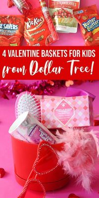 Here are 4 Dollar Tree Valentine Gift Basket Ideas for Kids! These are super affordable and even cuter in person! Discover everything you need to make your own this Valentine's Day -- visit my page!