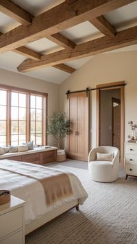 Combine the rustic appeal of a farmhouse with the sleek sophistication of modern design in your bedroom. Use wooden furniture, soft textiles, and minimalist décor to create the look.  #FarmhouseStyle #ModernBedroom #RusticChic #BedroomIdeas #ComfortAndStyle