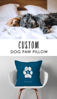 Perfect Gift for your Furbaby!  Let them snuggle up to a cozy pillow made with their own paw.  Just submit a photo and choose your color.  #dogpawprint #doggift #furbaby