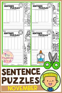 Novermber Sentence Puzzles contains 20 pages of sentence puzzles worksheets. This resource is suitable for kindergarten and first grade students. Students have to cut and paste the puzzle pieces, put them in the correct order, and write the sentence. Kindergarten | Kindergarten Worksheets | First Grade | First Grade Worksheets | November Sentence Building | Sentence Puzzles | Thanksgiving | fall