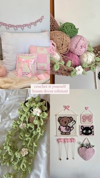 cute crochet room decor - all tutorials are on my youtube channel! granny square cushion, bow garland, hanging plant pot with flowers, heart hanging, pixel grid tapestries, nature-themed yarn hammock for storage