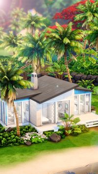 Small modern beach bungalow home, family home, house in The Sims 4. The Sims 4 inspiration and The Sims 4 houses ideas. This house is only using The Sims 4 City Living Expansion pack, Island Living Expansion pack and Moschino Stuff pack. No CC.