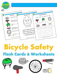 Flashcards and Worksheets bundle for teaching about bicycle parts and bike safety. Gap fill, vocabulary match, sentence match, word search and "Helmet Chant". #socialstudies #healthandsafety #teachinghealth #bikesafety #bicyclesafety