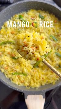 Sudha - Suds cooks (previously suds_healthy_recipes) on Instagram: "Raw Mango Rice - Happy Ugadi/ Gudi Padwa to all those who celebrate Love this raw mango rice that is traditionally made for ugadi. The video is pretty self explanatory…DM if you need the detailed recipe 😊 #mangorice #rawmangorecipe #tamarindrice #lemonrice"