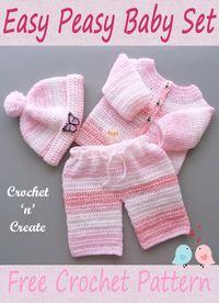 Easy peasy baby set, a free baby crochet pattern on crochetncreate. #crochet #crochetbaby #freebabycrochetpattern #crochetinstructions #crochetforbabies #easycrochetpattern