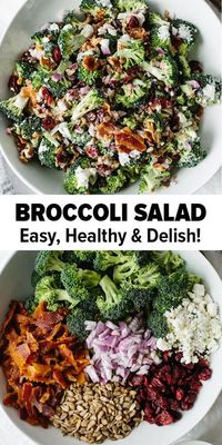 This delicious broccoli salad is a combination of broccoli, bacon, red onion, cranberries, sunflower seeds and goat cheese. It's an easy, low-carb, healthy broccoli salad recipe. #broccolisalad #broccolisaladrecipe