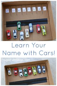 Name learning activity for preschoolers with Hot Wheels or Matchbox cars