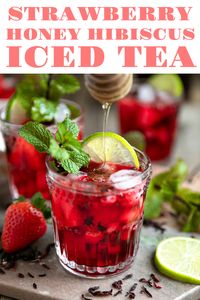 Strawberry Honey Hibiscus Iced Tea. Wildly popular thanks to unique health benefits and appearance in Starbucks shops all over the world, this Strawberry Honey Hibiscus Iced Tea is sweet, energizing, and beautiful via @theforkedspoon #icedtea #sweettea #hibiscus #honeytea #summer #beverages #rearecipe #icedtearecipe #easyrecipe | For this recipe and more visit, https://www.theforkedspoon.com via @theforkedspoon