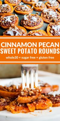 Cinnamon Pecan Sweet Potato Rounds are a naturally sweet and very rich side dish. They taste a lot like a sweet potato casserole but they're Whole30, gluten free, and sugar free! via @thewholecook