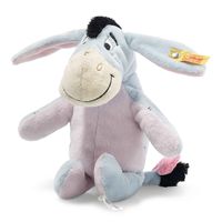 This Disney Eeyore is a lovely addition to the Steiff baby range. He measures 23cm in height and is made from super soft blue and purple plush that's perfect for baby's skin.   Eeyore's mouth, nose, eyes and eyebrows are emoroidered which give him a charachterful look. His nose gives him a whimsical appearance. Eeyore features a squeaker inside his tummy and there's foil in his ears to keep baby entertained.   This item is suitable for all ages from birth and is machine washable at 30 degrees. I