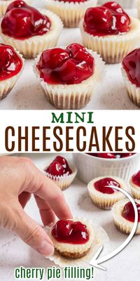 These Mini Cherry Cheesecakes show up at all holidays in our family. Just like a full-size cheesecake, these bite-sized treats are packed with creamy flavor! Add your favorite pie filling topper!