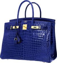 Hermes Special Order Horseshoe 35cm Shiny Blue Electric & Alezan Porosus Crocodile Birkin Bag with Gold Hardware