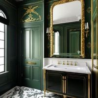 Green and black hollywood regency style bathroom with ornate gold mirror and marble floor