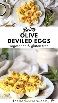 These Deviled Eggs with Olives are a quick and tasty appetizer for a cookout, potluck, or holiday- a briny tasty side dish everyone will love!  These green olive deviled eggs are a fun and simple appetizer that is always a crowd-pleaser at our parties. Vegetarian, gluten free, high in protein, and SO good!