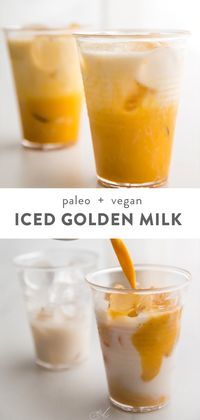 This iced golden milk latte is oh so delicious, loaded with anti-inflammatory turmeric and other ancient, healing spices. It comes together so quickly (5 minutes!) and is naturally sweetened, super refreshing, and perfect for warmer weather. It's great before bed, too. Naturally paleo and vegan with a keto and low carb option. #turmeric #ayurveda