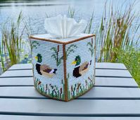 Ready to ship!  This handmade duck tissue box cover will be a perfect  addition to your den or cabin, a birthday gift for him, a gift for Fathers Day or for Grandpa, or just for someone who loves mallard ducks!  All four sides are identical with a mallard duck swimming through the reeds on a light gray background with brown trim.  Fits standard boutique size box of tissues.