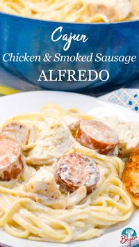 This easy 30-minute meal is a yummy homemade alfredo tecipe with air fryer chicken and smoked sausage. Add lots if cajun seasoning to spice it up.