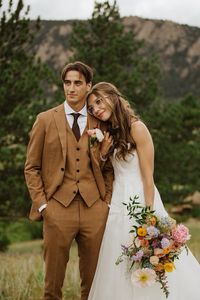 Wildflower wedding bouquet, mens rustic brown wedding suit, jenny yoo dress