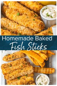 This homemade FISH STICKS recipe is baked instead of fried, making them crispy, tender, & flaky. These baked fish sticks aren't complete without homemade tartar sauce! #fish #fishsticks #thecookierookie #kidsfood #kidfriendly #diet #seafood #healthy #baked  via @beckygallhardin