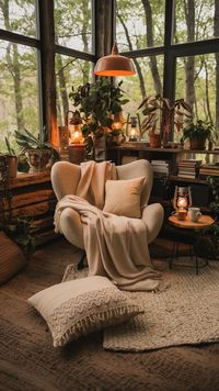 Step into this inviting woodland-inspired reading nook, where nature meets comfort. The oversized chair draped in soft beige throws and pillows is perfect for curling up with a book, while the surrounding large windows bring the forest views inside. The rustic wooden floors, cozy wool rug, and vintage-inspired accents create a serene, relaxing atmosphere. Natural touches like potted plants, raw wood furniture, and warm amber lighting complete this tranquil space. Whether you're sipping tea or unwinding with a good read, this cozy nook offers the perfect escape into nature.