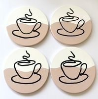 Set of four hand painted ceramic coasters with cork backing.  beige / neutral pink abstract coffee cup line art hand painted design.  Glossed to a high quality finish.  Price is for four coasters.  Delivery is to the UK only.  Coasters will be shipped in protective packaging to prevent damage. See my page for other hand painted coaster designs!