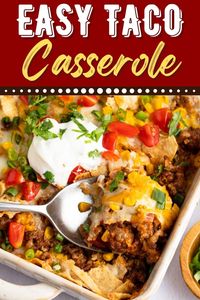 This easy taco casserole recipe gives you all the flavors you would want from a taco in one convenient dish. It's perfect for busy weeknights and much less work than a taco bar!