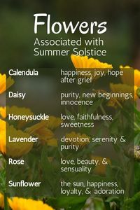 Flowers for Midsummer, Litha and other Summer Solstice celebrations - rituals, recipes, associations (crystals, flowers, animals etc), deities, tarot spread, and the history of Summer Solstice celebrations from around the world.