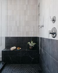 Make a statement with every shower in this stunning color-blocked tile installation! Loving the mix of materials in this space. Save 20% on the Cloe collection with code ALOE20 Shower Tile: Cloe 2.5x8 in White Styling: @brandidevers Design/build: @mhousedevelopment 📸 @margaretrajic