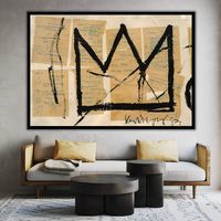 Immerse yourself in the dynamic world of street art with our exclusive Jean Michel Basquiat-inspired canvas painting. This modern masterpiece features the iconic Basquiat crown, a symbol that has become synonymous with the artist's revolutionary style. Crafted with the highest quality inks on durable canvas, this piece promises to bring a touch of urban chic to any room. The canvas measures a generous size, making it a commanding centerpiece for your living space or a striking accent in your off