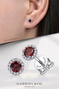 14K White Gold Halo Garnet and Diamond Stud Earring EG12372W45GN #Gabriel Co #Gabriel Jewelry #Gabriel And Co #DiamondStudEarrings #DiamondEarrings #Earrings #Garnet #WhiteGoldEarrings