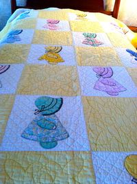 Sunbonnet Sue Twin sized Vintage Quilt, Appliqued, embroidered and pieced