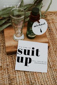 "𝐒𝐀𝐕𝐄 𝐀𝐍 𝐄𝐗𝐓𝐑𝐀 𝟏𝟎% ⮕ https://bit.ly/3EWroZC This DIY PRINTABLE suit up groomsmen card template features bold statement fonts and a modern minimalist design. Use this template to edit the fonts, font color, and background color to match your event needs. Add a special message to the back or leave it blank for a handwritten note. Edit for each bridesmaid, download, and edit again. This template can be accessed through TEMPLETT.COM; an online editor where you can edit without downloadi